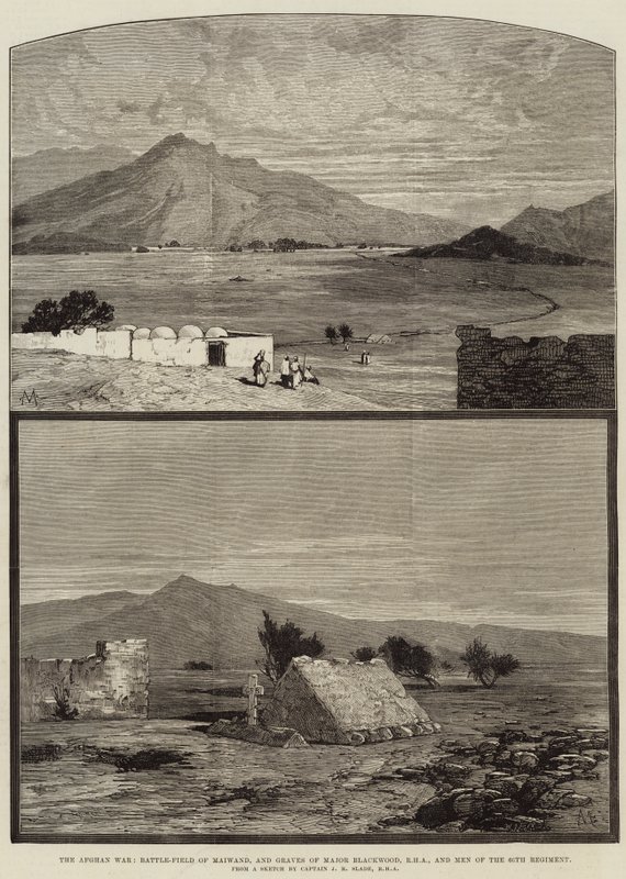 Az afgán háború, a maiwandi csatatér, valamint Blackwood őrnagy sírjai, RHA és a 66. ezred emberei alkotó: Charles Auguste Loye