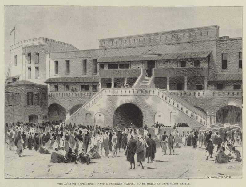 Az Ashanti-expedíció, bennszülött fuvarozók, akik felvételre várnak a Cape Coast Castle-ban alkotó: Charles Auguste Loye