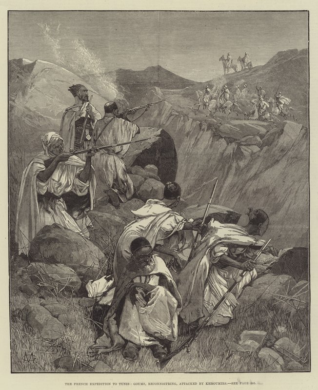 A francia expedíció Tuniszba, Goumsba, felderítés, Khroumirs megtámadta alkotó: Charles Auguste Loye