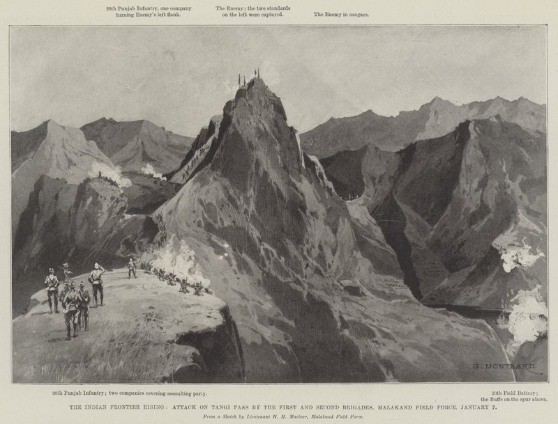 Az indiai határ felemelkedése, támadás a Tangi-hágó ellen az első és a második dandárnál, Malakand Field Force, január 7. alkotó: Charles Auguste Loye