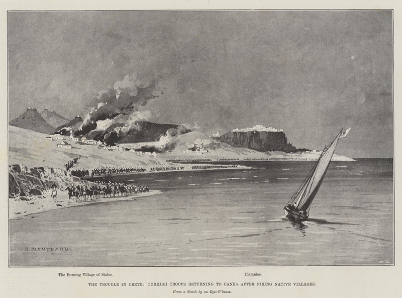 Baj Krétán, a török csapatok visszatérnek Caneába, miután kilőtték az őslakos falvakat alkotó: Charles Auguste Loye