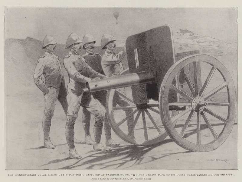 A Paardebergnél elfogott Vickers-Maxim gyorstüzelő ágyú (Pom-Pom), a külső vízköpenyén a mi srapnelünk által okozott károkat mutatja alkotó: Charles Auguste Loye