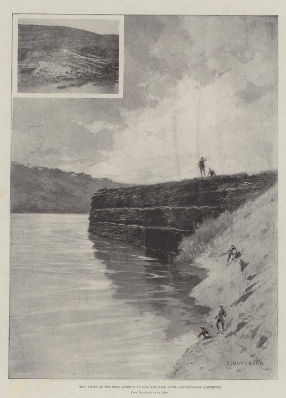 Két nézet a búrról Kísérlet a Klip folyó duzzasztására és Ladysmith elárasztására alkotó: Charles Auguste Loye