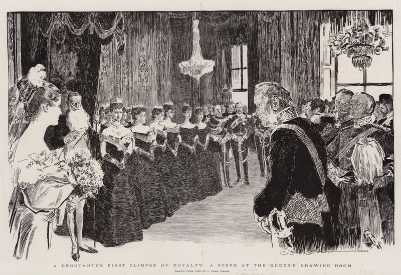 Egy debütáns első bepillantása a jogdíjba, egy jelenet a királynő szalonjában alkotó: Charles Dana Gibson