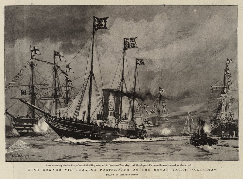 VII. Edward király elhagyja Portsmouth-t az Alberta királyi jachton alkotó: Charles Edward Dixon