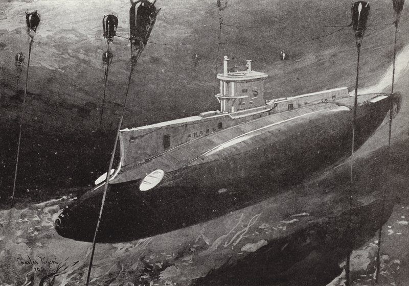 Edward Boyle hadnagy az E14-es tengeralattjárón, kikerülve a török aknákat, miközben áthaladt a Dardanellákon, 1915. április 27. alkotó: Charles Edward Dixon