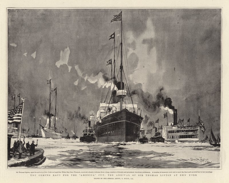 The Coming Race for the America Cup, Sir Thomas Lipton érkezése New Yorkba alkotó: Charles Edward Dixon