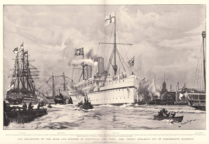 Cornwall és York hercegének és hercegnőjének távozása, az Ophir kihajózása a portsmouthi kikötőből alkotó: Charles Edward Dixon
