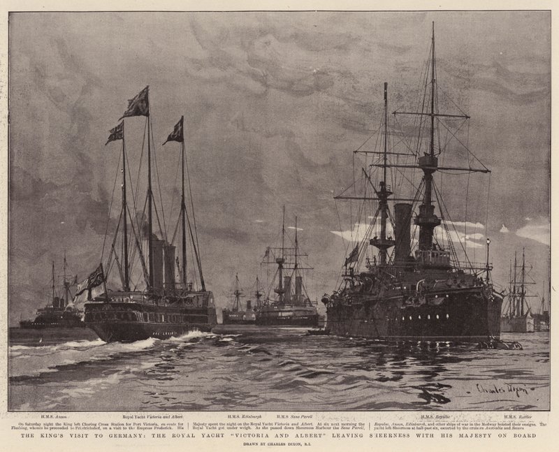 A király németországi látogatása, a Victoria and Albert királyi jacht elhagyja Sheernesst Őfelségével a fedélzeten alkotó: Charles Edward Dixon