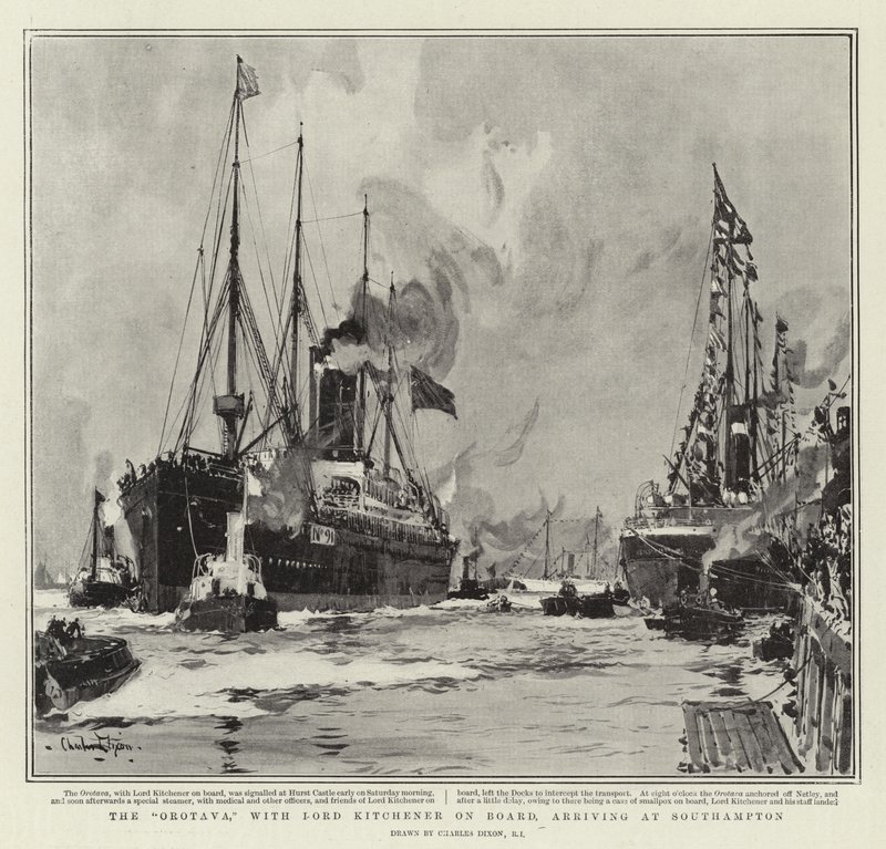 Az Orotava, Lord Kitchenerrel a fedélzeten, megérkezik Southamptonba alkotó: Charles Edward Dixon