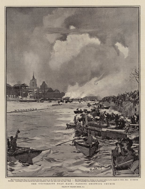 Az egyetemi hajóverseny, a Chiswick templom mellett alkotó: Charles Edward Dixon