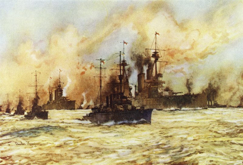 Az Indomitable csatacirkáló a sebesült Lion csatacirkálót vontatta a Dogger Bank-i csata után, 1915. január 24. alkotó: Charles Edward Dixon