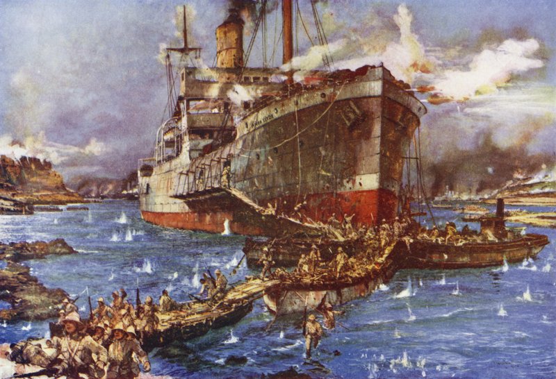 A csapatok partraszállása a Clyde folyónál V Beachnél, Gallipoli-félszigeten, Törökországban, 1915. április 25. alkotó: Charles Edward Dixon