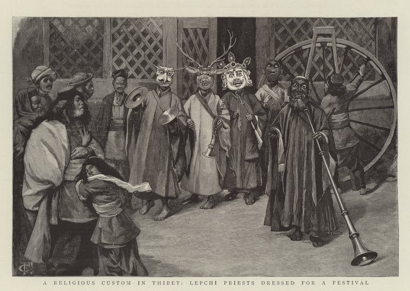 Egy vallási szokás Thibetben, Lepchi papok öltözve egy fesztiválra alkotó: Charles Edwin Fripp