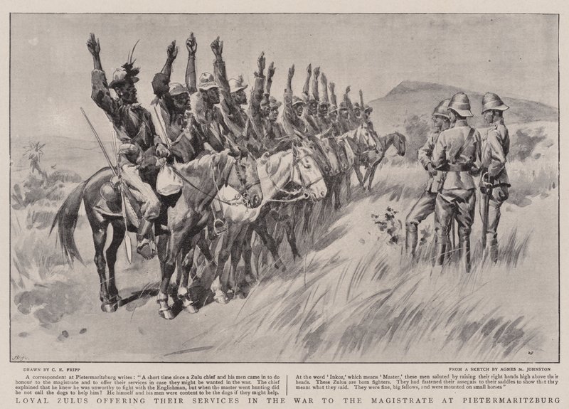 A hűséges zuluk felajánlják szolgálataikat a háborúban a pietermaritzburgi bírónak alkotó: Charles Edwin Fripp