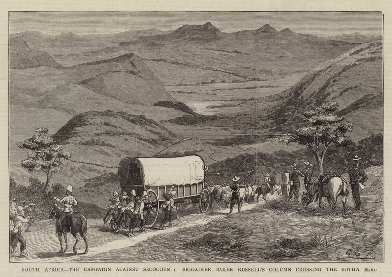 Dél-Afrika, a Secocoeni elleni hadjárat, Baker Russell dandártábornok oszlopa átkel a Botha Bergen alkotó: Charles Edwin Fripp