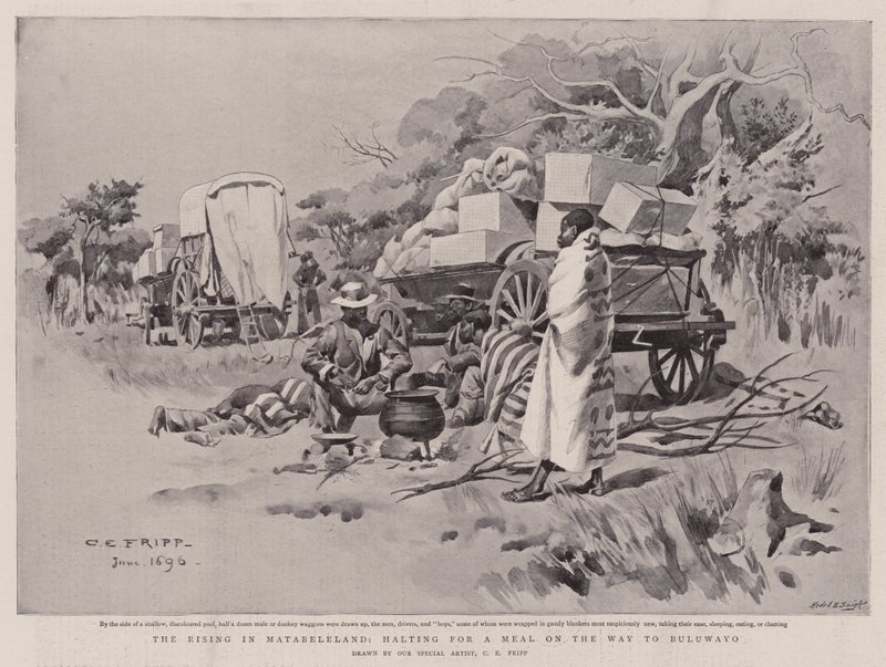 The Rising in Matabeleland, megáll egy étkezésre a Bulawayóba vezető úton alkotó: Charles Edwin Fripp