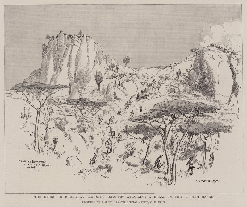 A rodéziai felkelés, lovas gyalogság támadása egy kraal ellen a Selundi hegységben alkotó: Charles Edwin Fripp