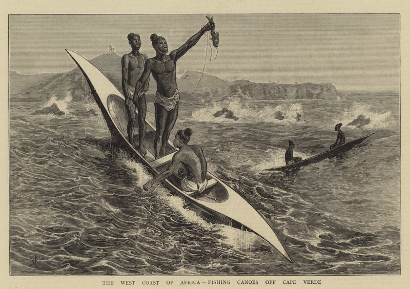 Afrika nyugati partja, kenu horgászat a Zöld-foki-szigeteknél alkotó: Charles Edwin Fripp