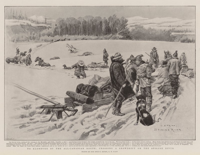 Klondyke-ba az össz-kanadai úton, átkelve a Stikine folyón egy hófúváson alkotó: Charles Edwin Fripp