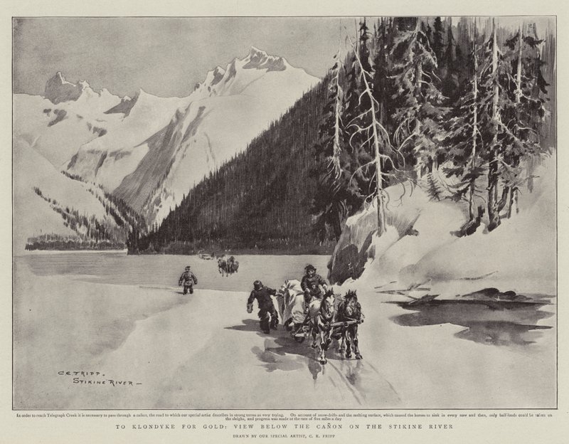 Klondyke-ba aranyért, kilátás a Canon alatt a Stikine folyón alkotó: Charles Edwin Fripp