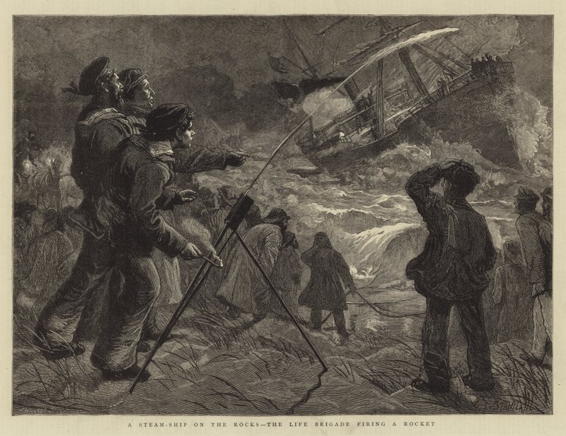Gőzhajó a sziklákon, a Life Brigade rakétát lő alkotó: Charles J. Staniland