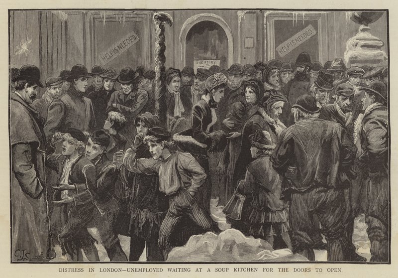 Szorongás Londonban, munkanélküliek várják a Leveskonyhában, hogy megnyíljanak az ajtók alkotó: Charles J. Staniland