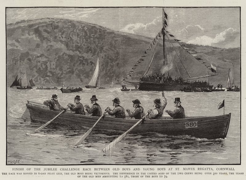 Az Old Boys és Young Boys közötti Jubileumi Kihívás Verseny célba érése a St Mawes Regattán, Cornwallban. alkotó: Charles J. Staniland