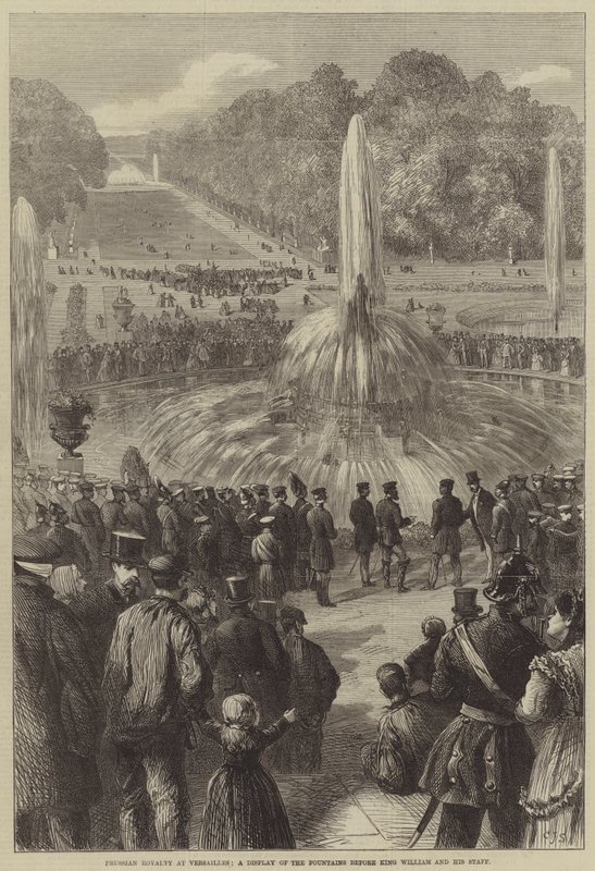 Porosz jogdíj Versailles-ban, a szökőkutak bemutatója Vilmos király és személyzete előtt alkotó: Charles J. Staniland