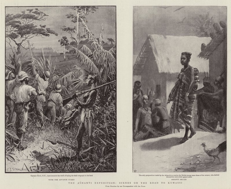 Az Ashanti-expedíció, jelenetek a Kumassiba vezető úton alkotó: Charles J. Staniland