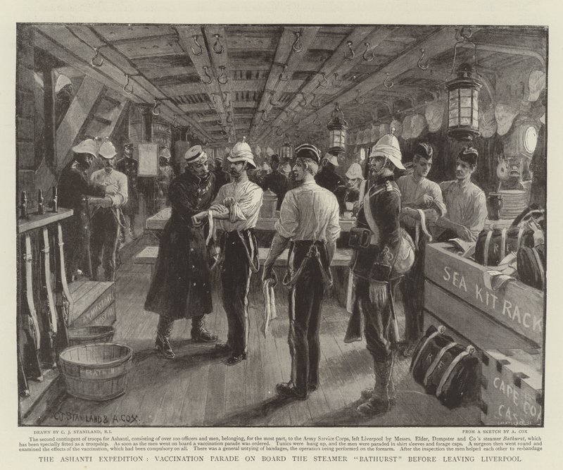 Az Ashanti-expedíció, oltási parádé a Bathurst gőzös fedélzetén, mielőtt elhagyja Liverpoolt alkotó: Charles J. Staniland