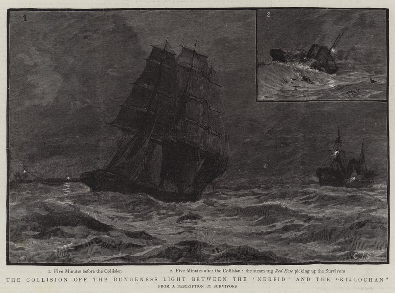 Az ütközés a Dungeness Light mellett a Nereid és a Killochan között alkotó: Charles J. Staniland