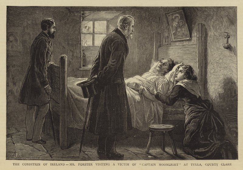 Írország állapota, Forster úr meglátogatja a Holdfény kapitány áldozatát Tulla-ban, Clare grófságban. alkotó: Charles J. Staniland