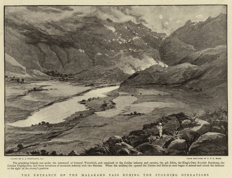 A Malakand-hágó bejárata a viharzási műveletek alatt alkotó: Charles J. Staniland