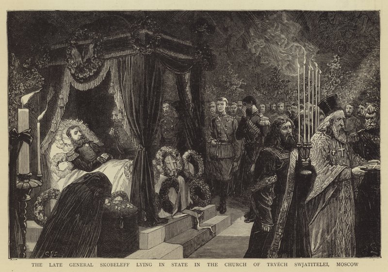 A néhai Skobeleff tábornok a moszkvai Tryech Swjatitelei templomban fekszik alkotó: Charles J. Staniland