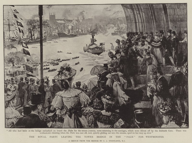 A királyi párt a Tower hídról a Pálmán a Westminster felé tartva alkotó: Charles J. Staniland