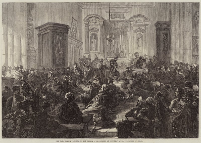A háború, francia foglyok a Donchery-i Szent Onesime-templomban, a sedani csata után alkotó: Charles J. Staniland