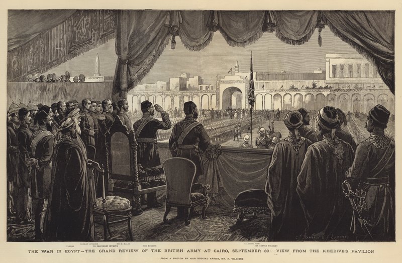 Az egyiptomi háború, a brit hadsereg nagyszemléje Kairóban, szeptember 30., Kilátás a khedive pavilonjából alkotó: Charles J. Staniland