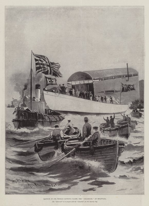 Sir Thomas Lipton Yachtja, a Shamrock felbocsátása Millwallban alkotó: Charles John de Lacy