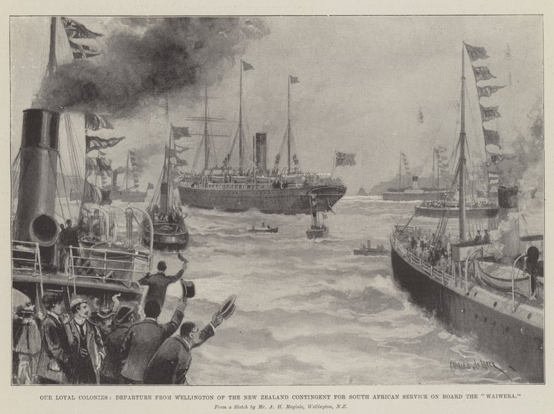 Hűséges gyarmataink, indulás az új-zélandi kontingens Wellingtonból dél-afrikai szolgálatra a Waiwera fedélzetén alkotó: Charles John de Lacy
