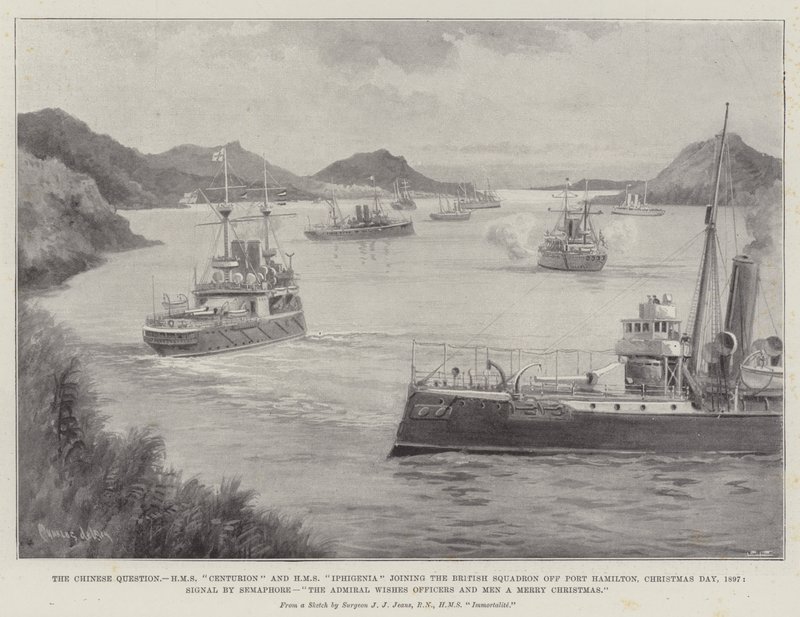 A kínai kérdés, a HMS Centurion és a HMS Iphigenia csatlakozik a brit osztaghoz Port Hamiltonnál, 1897 karácsonya, Szemafor jelzése, Az admirális boldog karácsonyt kíván a tiszteknek és az embereknek alkotó: Charles John de Lacy