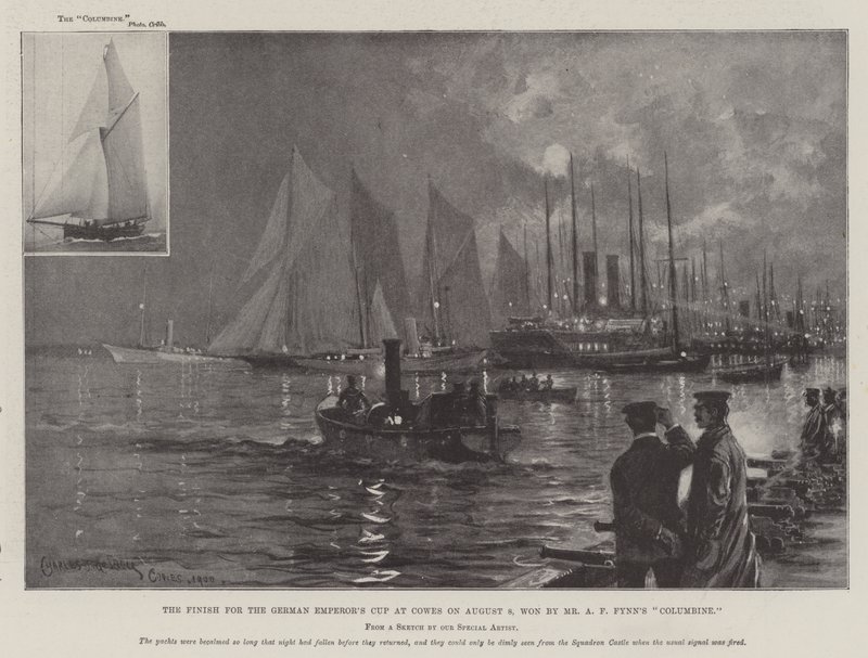 A német császári kupa célba érése Cowes-ban augusztus 8-án, amelyet A. F. Fynn úr Columbine-ja nyert meg. alkotó: Charles John de Lacy