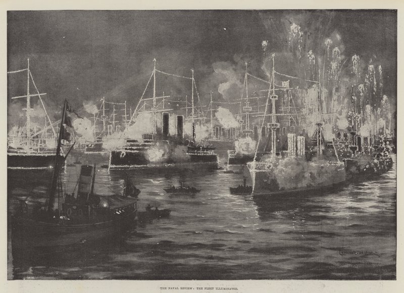 The Naval Review, a Flotta megvilágított litográfiája alkotó: Charles John de Lacy