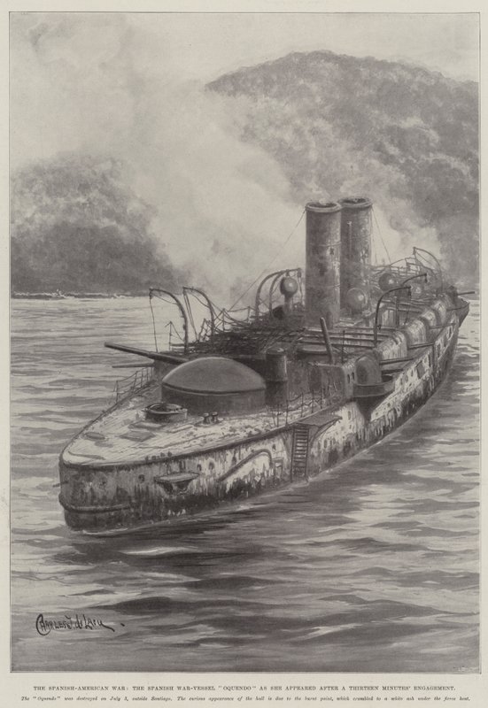 A spanyol-amerikai háború, a spanyol háborús hajó Oquendo, ahogy megjelent egy tizenhárom perces eljegyzés után alkotó: Charles John de Lacy