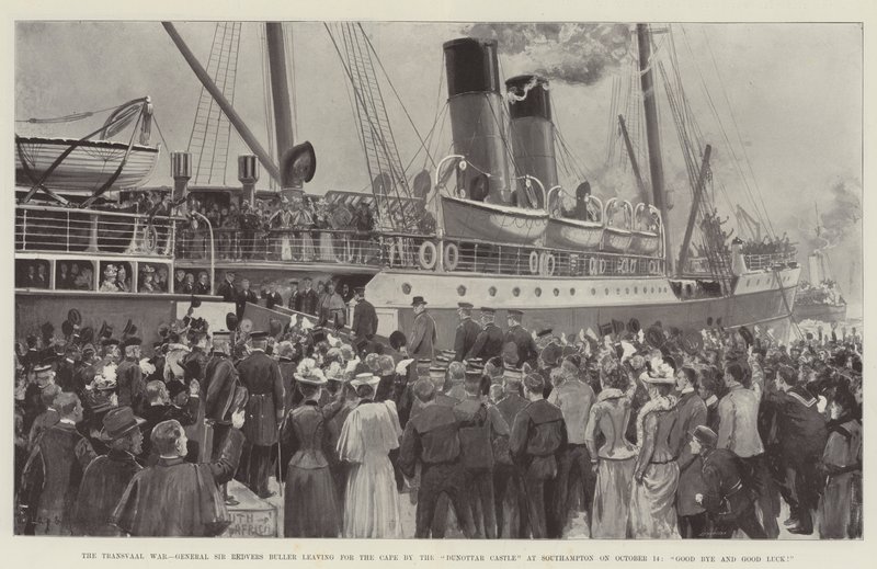 A transzvaali háború, Sir Redvers Buller tábornok október 14-én a dunnottar-kastély mellett, Southamptonban a Cape felé indul, viszlát és sok szerencsét! alkotó: Charles John de Lacy