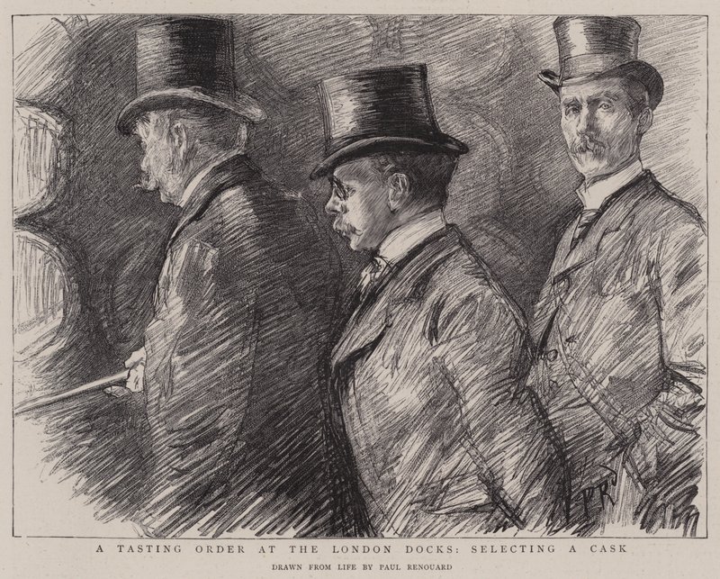 Kóstolórendelés a londoni kikötőben, egy hordó kiválasztása alkotó: Charles Paul Renouard