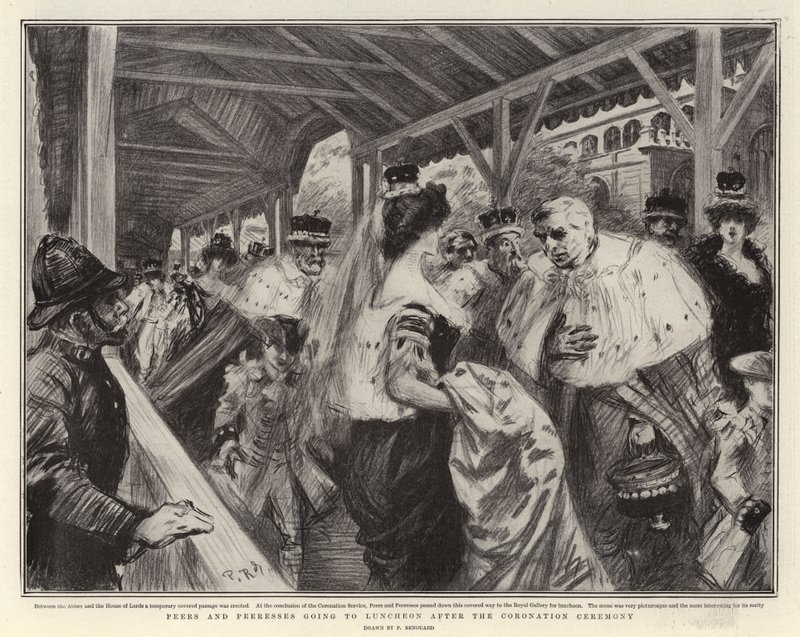 A koronázási szertartás utáni ebédre induló peerek és peeressek alkotó: Charles Paul Renouard
