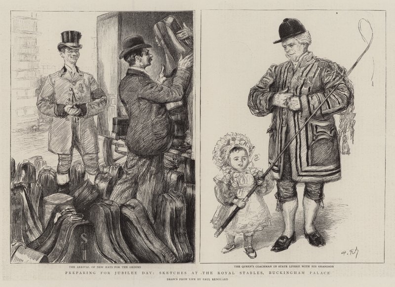 Felkészülés a jubileumi napra, vázlatok a királyi istállóban, Buckingham-palota alkotó: Charles Paul Renouard