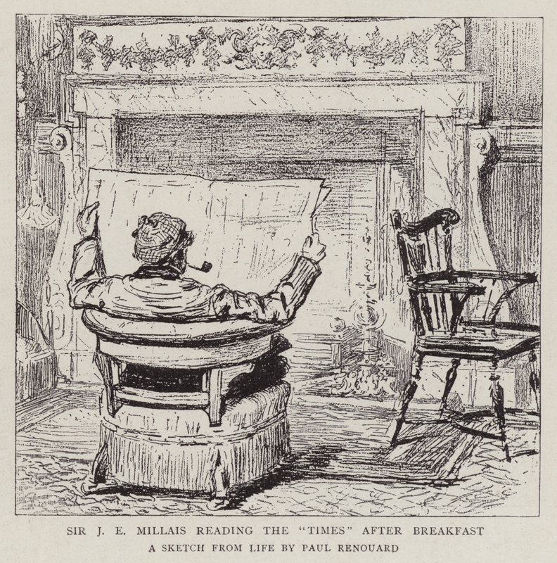 Sir J. E. Millais a The Times reggeli után című lapot olvasva alkotó: Charles Paul Renouard