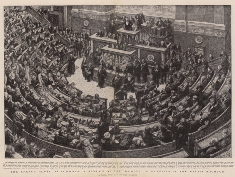 A francia alsóház, a képviselőház ülése a Palais Bourbonban alkotó: Charles Paul Renouard
